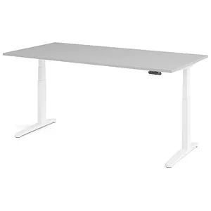 Hammerbacher Sitz-Steh-Schreibtisch elektrisch 200x100cm Grau/Weiß - Kinderschreibtisch, elektrisch höhenverstellbar von 65 bis 130 cm, ideal für eine ergonomische Arbeitsumgebung, einfach zu montieren.