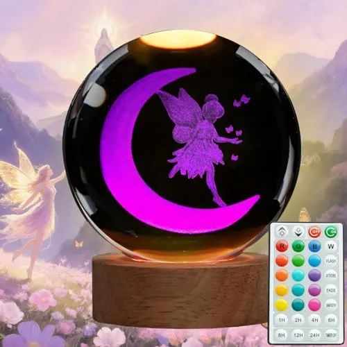 POSSHE Mondfee-Nachtbeleuchtung, Zahnfee-Geschenke, K9 (80 mm) Kristallkugellampe mit 16 Farben und Fernbedienung, Upgraded Lampe für Geburtstage, Weihnachten, coole Feenfigurinen-Geschenke