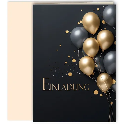 10x Einladungskarten Schwarz Gold Luftballon Set