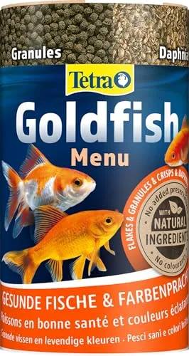 Tetra Goldfish Menu - 4in1 Fischfutter-Mix mit Crisps, Flocken, Granulat und Daphnien für alle Goldfische und andere Kaltwasserfische, 250 ml Dose