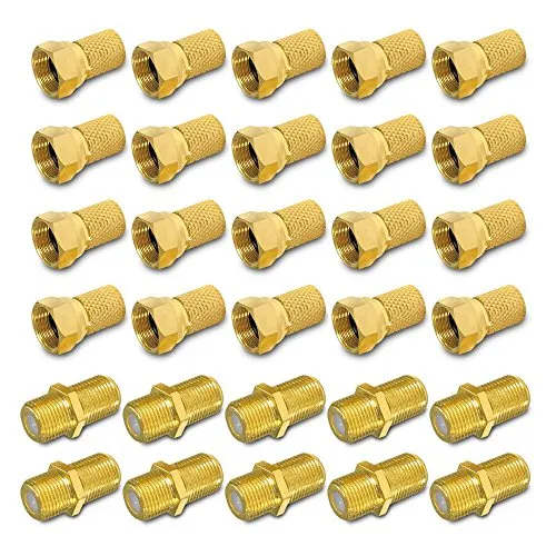 ARLI 20x F-Stecker 7 – 7,4 mm + 10x F-Verbinder vergoldet – Stecker Verbinder Set für Koaxialkabel Sat TV Antenne mit breiter Mutter & Dichtring