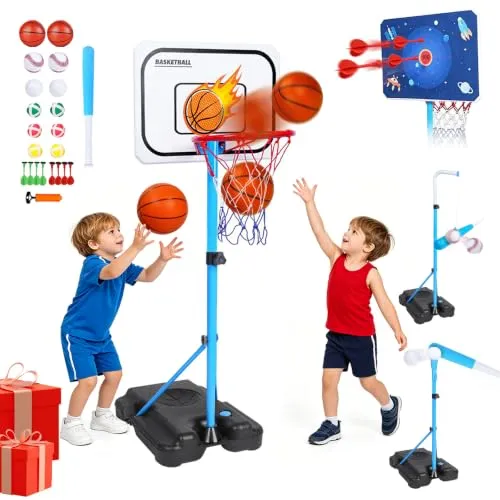 Wuciray 4 in-1Basketballkorb Outdoor Kinder Höhenverstellbar 108-160CM Dartscheibe mit Ständer Baseball Set Tragbar Basketballkorb Indoor Mini Hoop für Zimmer Spielzeug für Kinders von 3 bis 12 Jahren