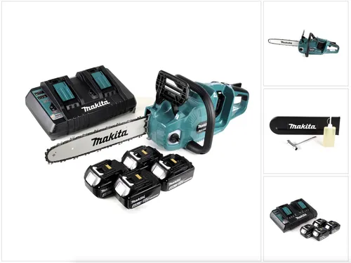 Makita DUC 355 PM4 Kettensäge 36V - Akku Kettensäge mit 35 cm Schnittlänge, ausgestattet mit einem leistungsstarken Brushless-Motor und 4x 4,0 Ah Akkus für kabelloses Arbeiten und maximale Flexibilität.