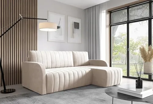 LIKMA Creme Ecksofa Otto 224x145 cm mit Schlaffunktion (200x140 cm) Eckcouch mit Bettkasten Wohnlandschaft mit Bettkasten Bettsofa mit Stauraum Polstermöbel Sofa 3 Sitzer