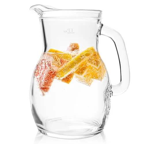 KONZEPT Hochwertiger Wasserkrug Glas 1 Liter 1 Stk Glaskrug Perfekt für Wasser, Milch, Säfte Wasserkanne mit ergonomischem Griff – In verschiedenen Größen erhältlich