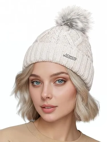 Neverless® Damen Bommelmütze mit Fleecefutter Pudelmütze Strickbeanie Strickmütze Wintermütze Creme Unisize
