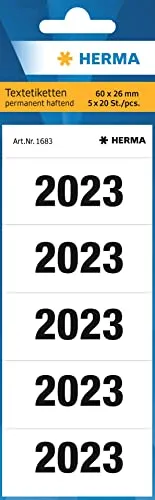 HERMA 1683 Jahreszahlen Aufkleber 2023 für Ordner, 100 Stück, 60 x 26 mm, 5 pro Bogen, selbstklebend, blickdichte Textetiketten, matt, Papier Klebeetiketten Aufkleber, weiß