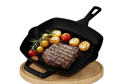 KAISERTAL Grillpfanne Gusseisen 27cm – Perfekte Röstaromen für Steak & Gemüse - Pfannen – Die gusseiserne Grillpfanne sorgt für optimale Hitzeverteilung und unwiderstehliche Grillstreifen. Ideal für Gasgrill & Backofen, perfekt für drinnen und draußen.