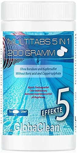 GlobaClean Chlor Multitabs 5 in 1-200g Chlortabletten für Pool - 1kg - 5-Phasen Wirkung für sichere und saubere Poolpflege - Made in Europe - für kristallklares und hygienisches Poolwasser