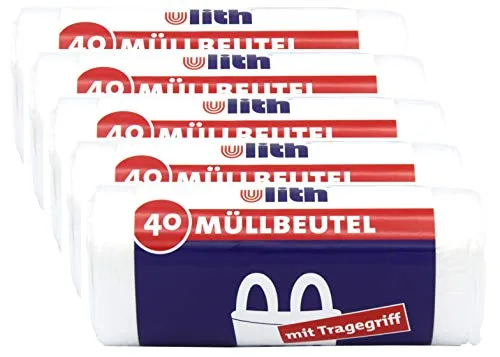 Ulith Müllbeutel mit Tragegriff, 20 Liter, 40 Stück pro Rolle, transparent (5er Pack)