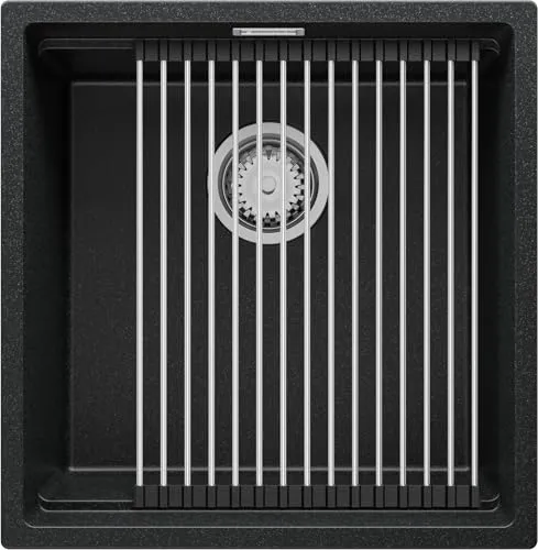 PRIMAGRAN Unterbauspüle Granit Anthrazit 46x47cm, Spülbecken 1 Becken + Ablauf-Set + Aufrollbare Abtropffläche, Granitspüle ab 50er Unterschrank - Praga S157