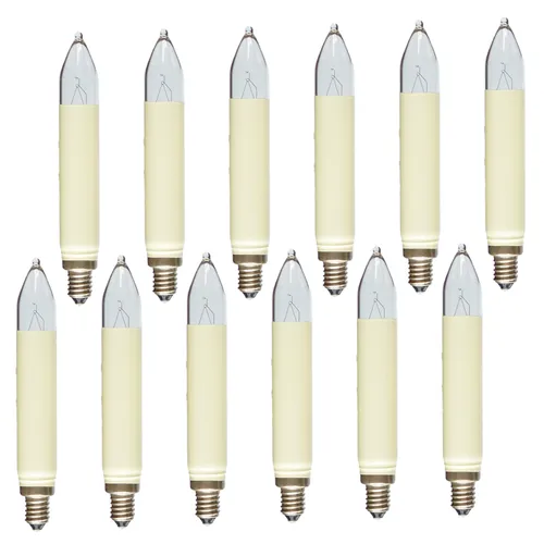 Erzgebirgslicht - AUSWAHL - 12 Stück Schaftkerze 14V 3W E10 für 16-17 Brennstellen Ersatzbirne Glühbirne (Normal-)Schaftkerze Glühlämpchen für Lichterketten Pyramide und Schwibbogen (keine LED!)