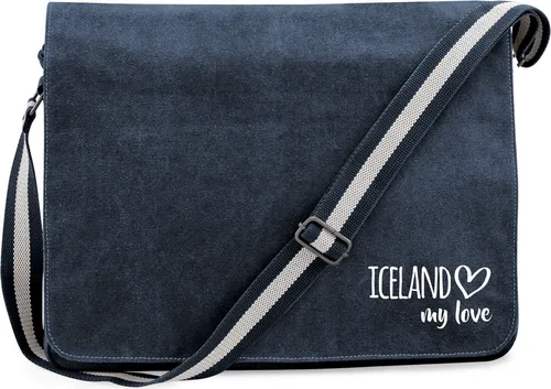 Huuraa Umhängetasche Iceland my love 14 Liter Vintage Navy Canvas Laptoptasche Geschenkidee