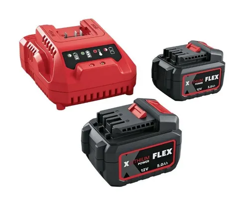 Flex Akku P-set Power 12-55 Q mit Ladegerät - Praktisches Set mit zwei leistungsstarken 12V Akku-Packs (5,0 Ah) und einem Ladegerät. Ideal für den flexiblen Einsatz in Elektrowerkzeugen.