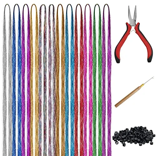 Belle Vous 2400-Teilig Haar Lametta Bunte Haarsträhnen – 12 Farben – Lametta für Haare mit Werkzeug – Glitzer Strähnen Haare Regenbogen Haarverlängerung Kunsthaar zum Einflechten, Party & Deko