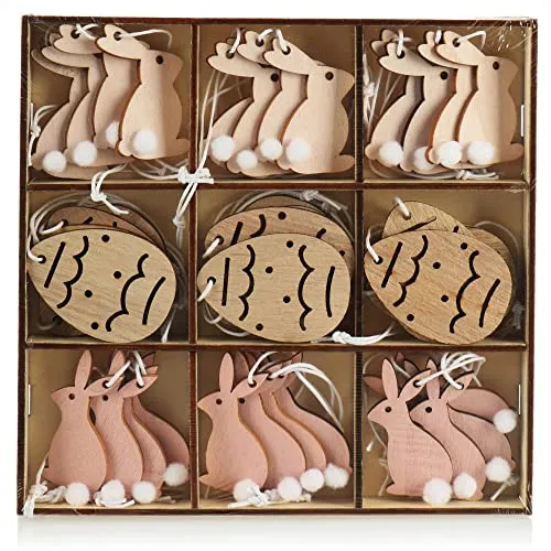 com-four® 36x Dekoaufhänger Ostern - Osterschmuck aus Holz zum Aufhängen - Holzaufhänger für den Osterstrauß - Hase und Ei (36 Stück - Ostermix - rosa)