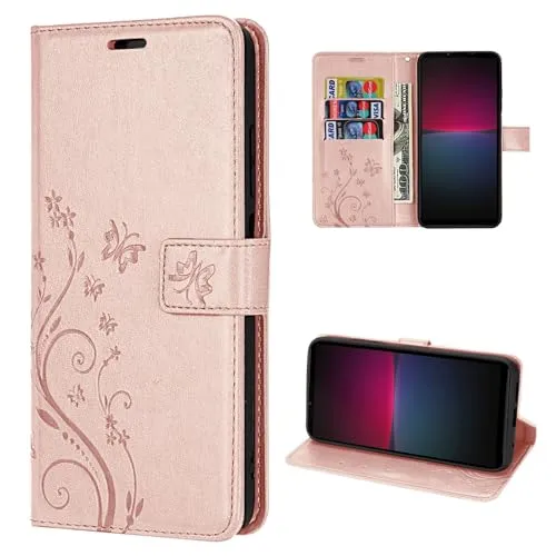 betterfon Hülle Kompatibel mit Sony Xperia 10 IV | Premium PU Leder Handyhülle Wallet Case für Xperia 10 IV | Schutzhülle Blumen Klapphülle Handyhülle | Rosegold