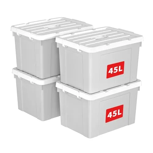 Cetomo 45L*4 Aufbewahrungsboxen, Tragbare Plastikboxen mit Deckeln, Organizer-Behälter mit Griff und Clips, Stapelbar, Ineinander Nestbar, für Zuhause und Büro, Grau, 45L-4er Pack