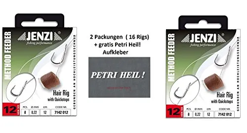 Set: 2 Packung (16 Rigs) Method Feeder Hair Rig von Jenzi mit Gummi Band/Quick Stop, Hakengröße 8, 10, 12 - Länge 12 cm +gratis Petri Heil! Aufkleber (Quickstop Hakengröße 12)