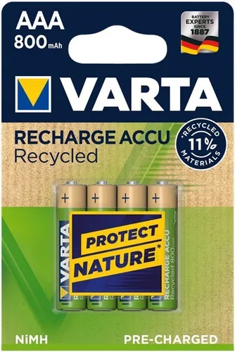 VARTA Recharge Accu Recycled AAA - Wiederaufladbare NiMH Batterien, 800 mAh, 21% recyceltes Material, umweltfreundlich und sofort einsatzbereit