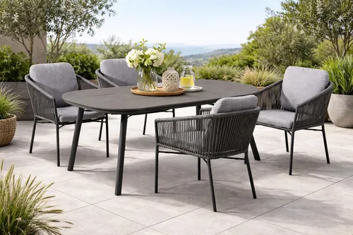 Destiny LUCCA SAN MARINO Sitzgruppe 4 Sessel + Tisch 180x90cm, grau - Elegante Sitzgruppe LUCCA mit halbovalem Esstisch für 4 Personen. Robustes Aluminiumgestell, stapelbare Sessel mit komfortablen Polstern. Ideal für gesellige Stunden im Freien.