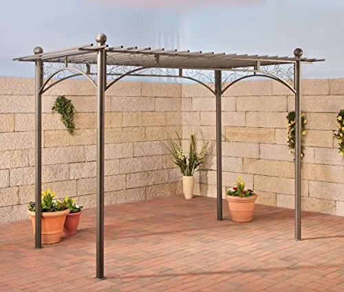 CLP Eisen-Pergola Ulpgar 01 A - Begrünbares Terrassendach im Landhausstil - Rosenbögen aus robustem Eisen, handgefertigt mit kunstvollen Verzierungen. Ideal für Kletterpflanzen und bietet stabilen Halt. Perfekt für ein schattiges Plätzchen im Garten!