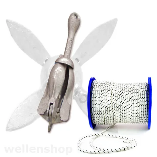 Ankerleine Ø 10mm 30m Polyester und Faltklappanker 4 kg Guss Boot Tau Anker