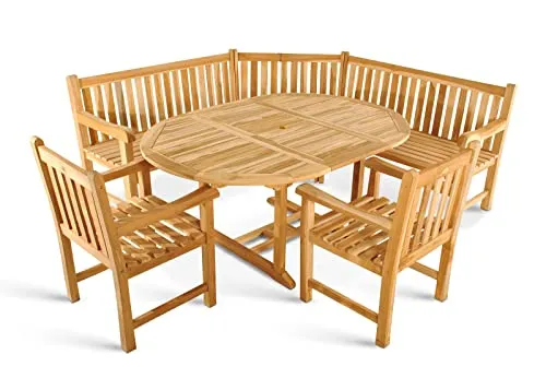 SAM 4tlg. Gartengruppe Borneo, Teakholz massiv, Garten-Set bestehend aus 1x Gartentisch 120-170 x 100 cm, 2X Gartensessel Caracas, 1x Eckbank, für Terrasse, Wintergarten & Garten