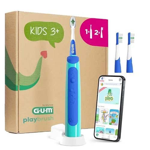 GUM Playbrush KIDS 3+ elektrische Zahnbürste | Interaktive Spiel-App | 2 Putzmodi | Extra weiche Borsten | 8 Wochen Akku | Timer | 1x Schallzahnbürste, wiederaufladbar | 2 extra Bürstenköpfe | Blau