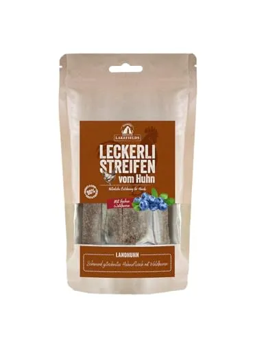 Lakefields Hundeleckerli | Trockenfleischstreifen vom Huhn | 150g | 90% Hühnerfleisch | Getreidefreie Hunde Snacks mit Kartoffeln & Waldbeeren | Knusprige Belohnung für Zwischendurch | Ohne Zusätze
