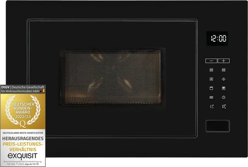 Exquisit EMW25-G-020 Schwarz | 60cm Einbaumikrowelle mit Grillfunktion - Einbau-Mikrowelle mit 25-Liter-Garraum, 1200 W Grillfunktion und Edelstahl-Innenraum. Ideal für knusprige Gerichte und flexible Nutzung dank Auftaufunktion und 95-Minuten-Timer.