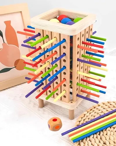 Montessori Spiel Brettspiel aus Holz, Farblernturm Holzspielzeug Lernspielzeug, Holzspielzeug pädagogisch wertvoll, 42 Bunte Holzstäbchen Spiele Würfelspiel Mathe & Feinmotorik Spielzeug