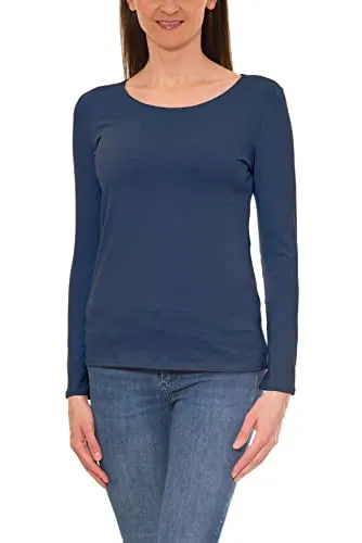 Alkato Damen Langarm Shirt mit O-Ausschnitt, Farbe: Jeans, Größe: XXL