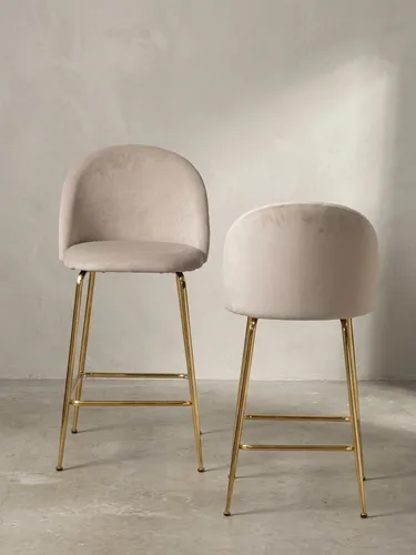Stylischer 2er Set Barhocker Samt Beige mit Lehne und goldenen Beinen