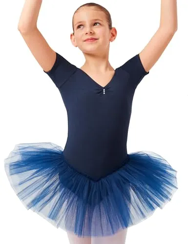 tanzmuster ® Ballettkleid Mädchen Tutu - Nele- aus weichem Baumwollstoff mit Glitzersteinen fürs Kinder Ballett Ballettbody Ballett Trikot, Marineblau 140-146