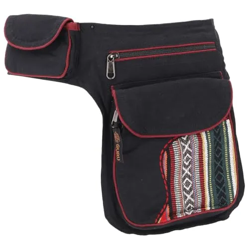 GURU SHOP Stoff Sidebag, Bauchtasche, Goa Gürteltasche - Schwarz/rot, Unisex - Erwachsene, Baumwolle, 25x15x8 cm