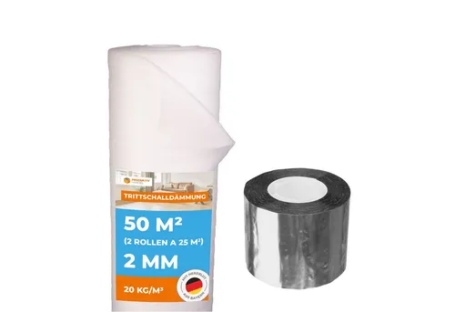 Produktiv Handel Trittschalldämmfolie Trittschalldämmung Profi Basic 2, 2 mm Stärke, für Laminat & Parkett, (50 m², 2-St., á 25 m), für Fußbodenheizung geeignet, inkl. 1x Alu-PP-Klebeband