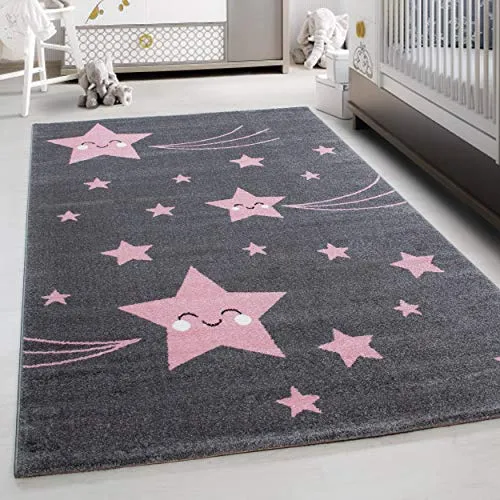 Teppium Kinderteppich für Jungen und Mädchen Sterne Muster 80 x 150 cm Pink - Kurzflor Waschbarer Teppich Extra Weich und Antiallergen - Teppich für Kinderzimmer, Babyzimmer und Spielzimmer