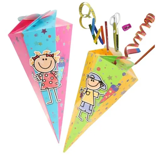 com-four® 2X Schultüte 30cm - Geschwisterschultüten aus Pappe - Faltbare Zuckertüte für die Einschulung zum Schulanfang - Geschenkverpackung für Schulanfänger