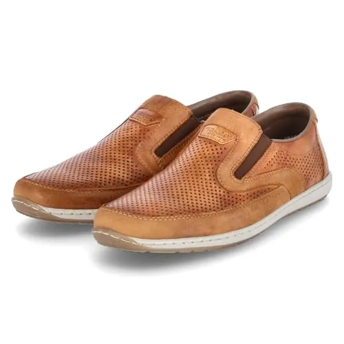 Rieker Herren Slipper, braun mit seitlichen Stretcheinsätzen - Herren-Slipper in braun, ideal für sportliche Outfits. Mit perforiertem Obermaterial und gepolsterter Innensohle für besten Tragekomfort.
