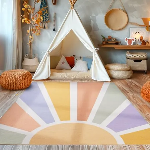 SIMPEX24 Teppich Sonnenstrahlen, Rechteckig – Bunter Kinderzimmerteppich - Kurzflor-Teppiche, robuster Polyamid-Teppich mit hoher Strapazierfähigkeit, ideal für stark frequentierte Bereiche im Baby- und Kinderzimmer.