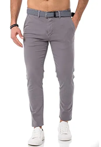 Redbridge Herren Chino-Hose mit Gürtel Bequeme Freizeit- und Businesshose Grau W32 L32
