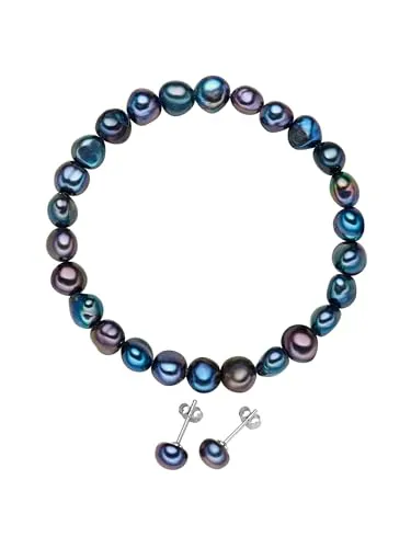 Valero Pearls Damen-Schmuckset: Armband + Ohrstecker aus 925 Sterling Silber - Elegantes Schmuckset mit pfauenblauen Süßwasser-Zuchtperlen, ideal für stilvolle Anlässe. Hochwertige Verarbeitung und vielseitig kombinierbar – das perfekte Geschenk!