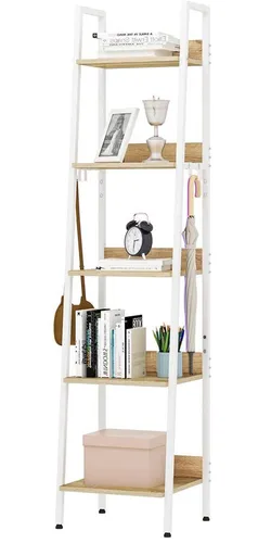 Woltu Standregal mit 5 Ebenen und 4 Haken, Industriestil - Standregal im Industriestil aus MDF und Metall, bietet 5 feste Einlegeböden und 4 Haken für zusätzlichen Stauraum – ideal für jedes Zuhause.