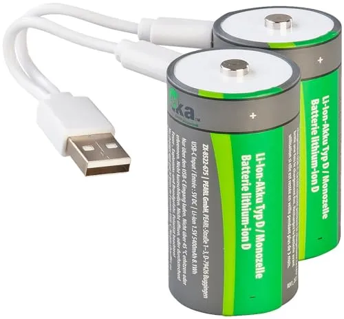tka Köbele Akkutechnik Akku Typ D: 2er-Set Li-Ion-Akkus Typ D mit USB-C, 5.400 mAh, 8.100 mWh, 1,5 V (USB, LR20, Taschenlampe)