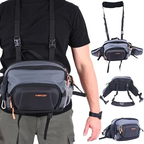 NECO G-Bag Bauchtasche 7,5L – Kompakte Angeltasche mit Schaumstofffach, Mesh-Fächern & Karabiner – Wasserabweisend, für Spinnfischen – Modell 77203 – 28x22x12 cm