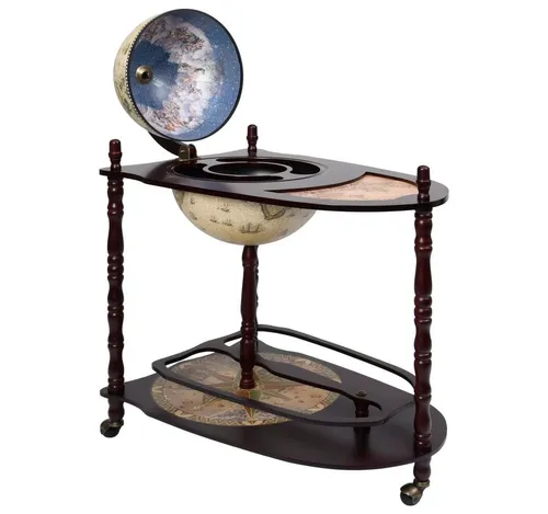 vidaXL Eukalyptusholz Globusbar mit Tisch - Barschränke in stilvollem Design: Der geöffnete Globus wird zur eleganten Bar mit Platz für Getränke und Gläser, ideal für jeden Raum und mit praktischen Rollen für einfache Mobilität.