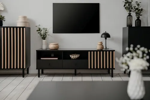 möbelvita TV-Board Milan 56A schwarz - Lowboard mit Lamellentür und Anti-Fingerprint Schubkästen, ideal für modernes Wohnen. Maße: B 138 x H 49 x T 40 cm, inklusive Kabeldurchlass und stilvollen schwarzen Metallfüßen.