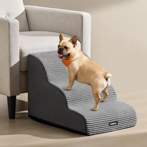 Feandrea Hundetreppe, 3 Stufen, für kleine Hunde, rutschfest | Haustiertreppe, wasserdichte Katzentreppe, abnehmbarer waschbarer Bezug, Schiefergrau, BADDI Kollektion PPS003GN01