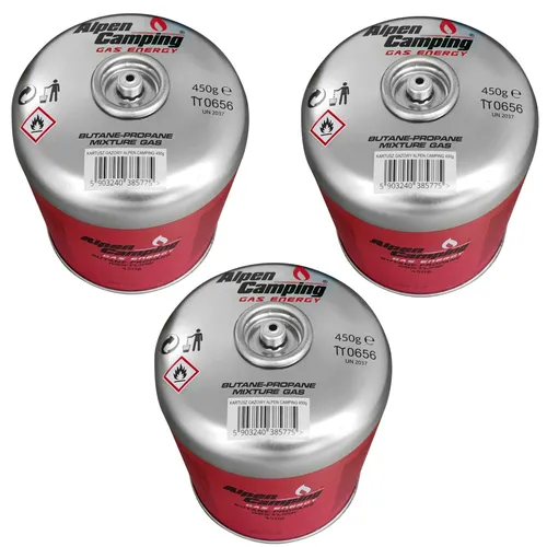 Alpen Camping Gaskartusche Propan Butan 450g - 3er Set - Gaskocher Zubehör für Camping und Outdoor, mit 7/16
